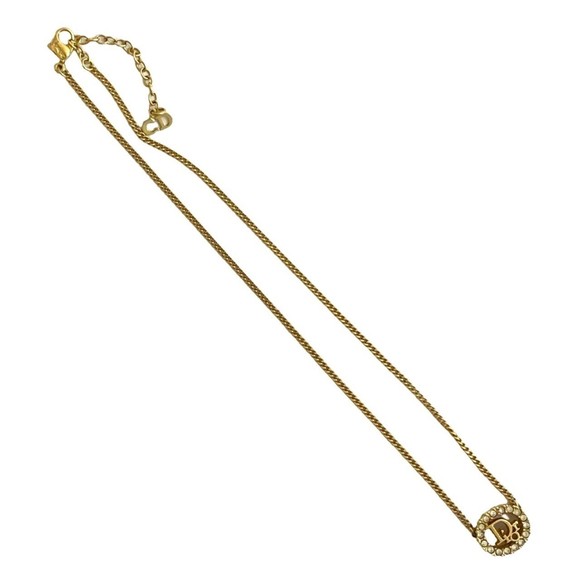 Christian Dior logo motif rhinestone necklace pendant accessory gold 08878 - Picture 1 of 5